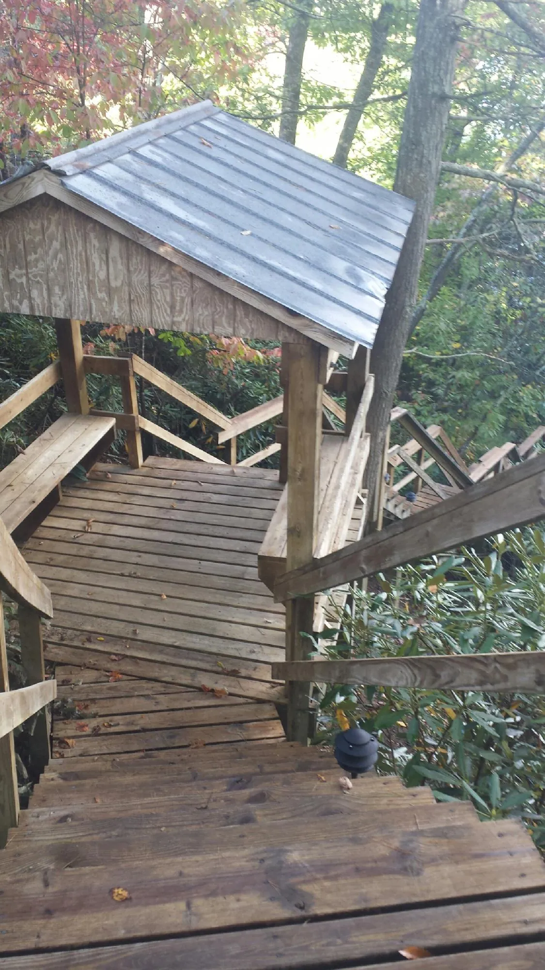 Metal roofed shelter over wooden steps on a wooded walkway — Skylight Repair & Installation work by our crew in Oviedo